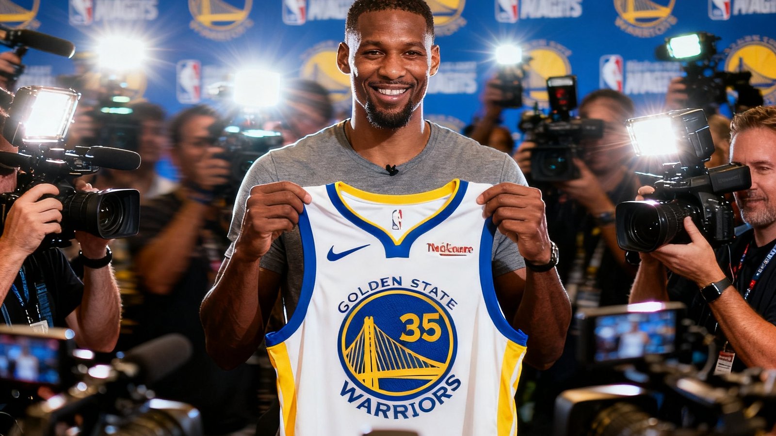 一名NBA球星在新闻发布会上展示新球队球衣，背景是球队LOGO墙和密集的媒体摄像机，闪光灯不停闪烁